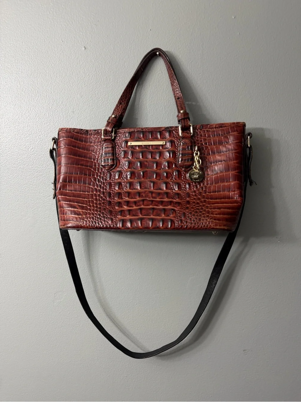 Brahmin Mini Asher Satchel in Pecan Melbourne leather, featuring a textured croc